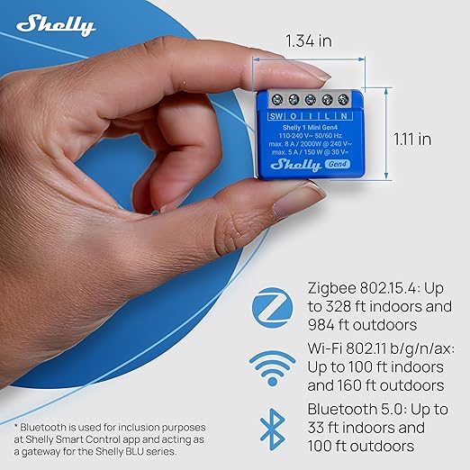 Shelly 1 Mini Gen4 | Wi-Fi, Zigbee & Matter Smart Relay Switch with Dry Contacts, 1-Channel 8A | Home Automation | Alexa, SmartThings, Google, Apple HomeKit Compatible | Garage Door Opener (2 Pack)