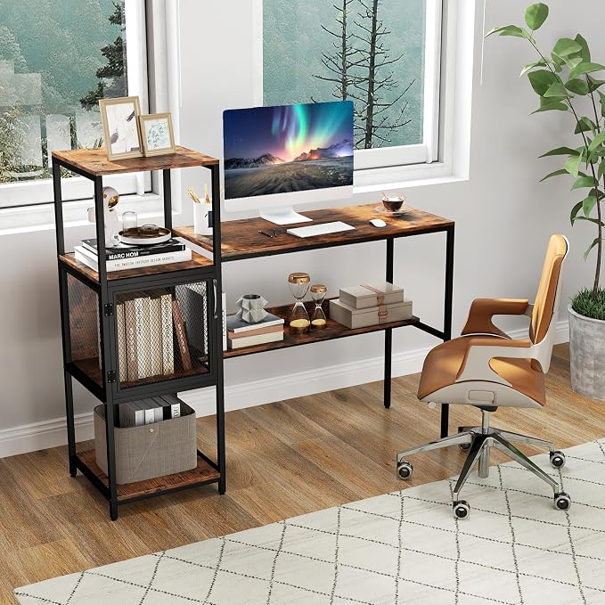 Giantex Computer Desk with Bookshelf, Modern Computer Workstation Home Office Desk with Storage Cabinet & Shelves, Metal Frame, Study Writing Desk for Small Space, Bedroom, Rustic Brown