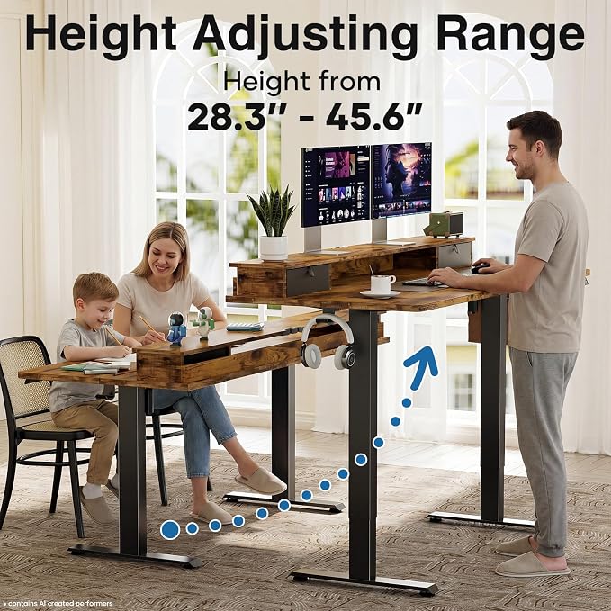 Veken 47x28 in Electric Standing Desk with Drawers, Adjustable Table, Brown | Stand up Computer Desk for Home Office, Work & Study, with Storage, 3 Memory Presets, Cable Organizer, Hook, and Quiet Lift.
