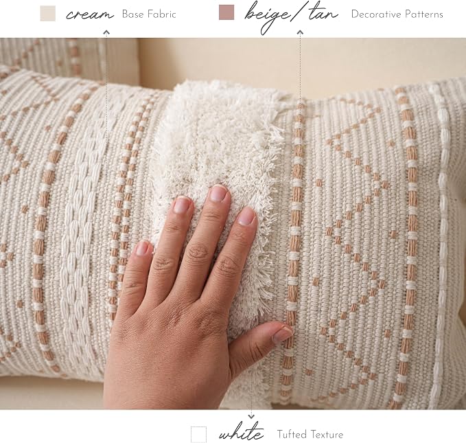 20X20 Throw Pillow Cover, Cream Neutral Beige Square Decorative Cushion Cover, Boho Accent Pillowcase with Tufted Details and Tassels for Couch Sofa Living Room (Cover Only)