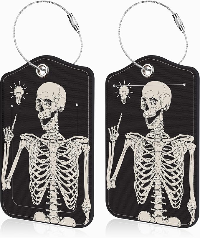 2 Pcs Human Skeleton Luggage Tags for Suitcases PU Leather Baggage Tags Name ID Label with Privacy Cover and Stainless Steel Loop for Men Women Travel Bag Suitcase
