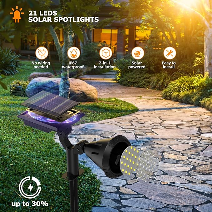 Solar Spot Lights Outdoor, 21 LEDs Brightness Solar Outdoor Lights IP67 Waterproof, 2-in-1 Adjustable Outdoor Lights Solar Powered for Yard Trees Patio Pathway Yard Flag - Cool White(6 Pack)