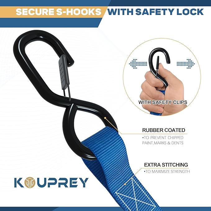 Ratchet Straps, Boat Tie Down Straps to Trailer, Motorcycle Straps, Kayak Tie Downs, 4-PK 1" x 15ft, 1800 LB Break Strength Safety Lock S Hooks & 4 Soft Loops-Secure, Rubber Coated Handle Blue