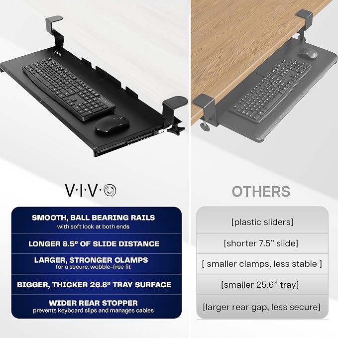 VIVO Large Keyboard Tray Under Desk Pull Out with Extra Sturdy C Clamp Mount System, 27 (33 Including Clamps) x 11 Inch Slide-Out Platform Computer Drawer for Typing, Black, MOUNT-KB05E | Keyboard Tray for Typing, Slide Out Platform, Extra Sturdy C-Cla...