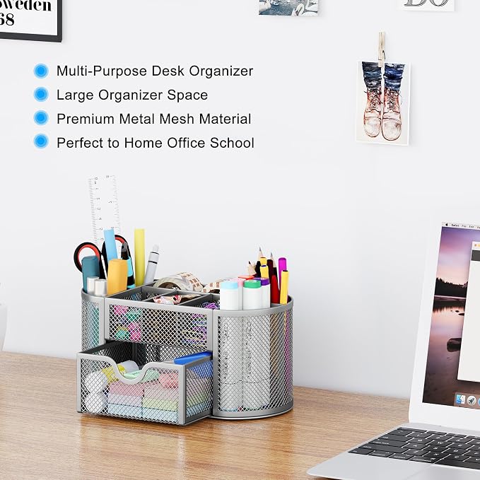 EasyPAG Mesh Pen Holder Desk Organizer with Drawer Stationery Supplies Organizer for Dorm School 9 Compartments Workspace Desk Accessories Organization for Office, Silver