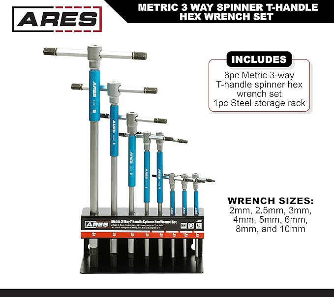 ARES 44001 – 8-Piece Metric T-Handle Hex Key Set – 3-Way Spinner Wrenches with Sliding Handle – 2mm to 10mm