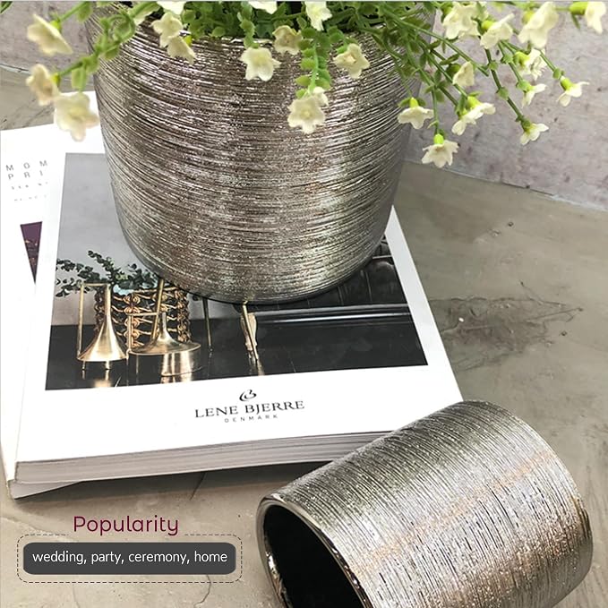 WGVI Silver Etched Ceramic Cylinder Vase Width 3.75" Height 4", Flower Arrangements, Candle Holder, Terrarium Planter Pot, Storage Container Organizer, Pen Brush Holder, Scratched Texture, 24 Pcs