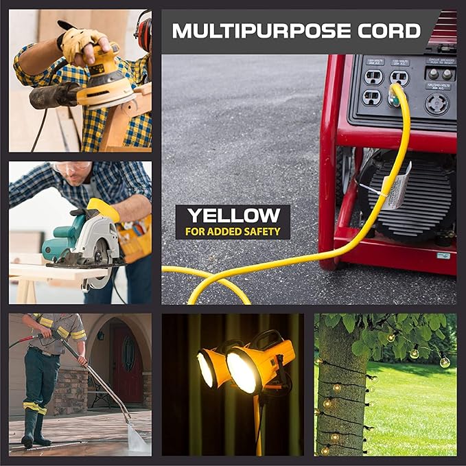 Iron Forge Cable Weatherproof 10 Ft Outdoor Extension Cord - 14/3 SJTW 15 Amp Heavy Duty Yellow Extension Cord 3 Prong - Lighted End