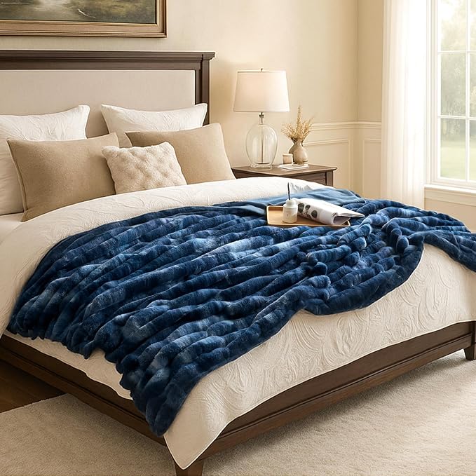 Cozy Bliss Faux Fur Throw Blanket for Couch, Cozy Warm Plush Striped Blanket for Sofa Bedroom Living Room, 60 * 80 Inches Tie-dye Blue