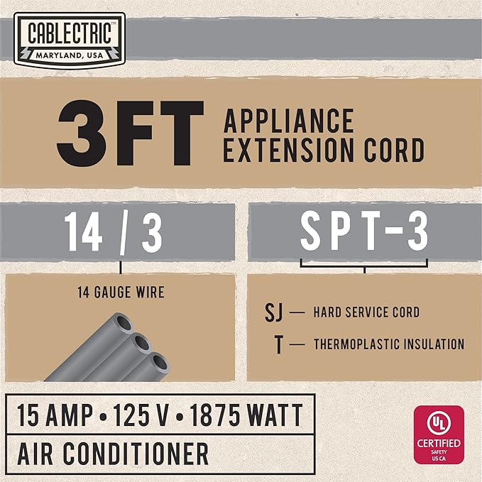 3 Foot Appliance Extension Cord, Gray - 14 Gauge 3 Prong SPT-3 Heavy Duty Cable for Major Appliances