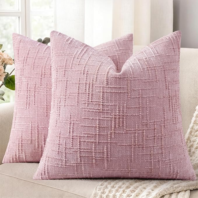 decorUhome Textured Chenille Throw Pillow Covers 20x20 Set of 2 Blush Pink | Fall Modern Farmhouse Soft Cozy Slubby Couch Pillow Cases Boho Decorative Pillow Cases for Bed Sofa Living Room Home Decor