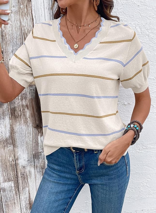 Dokotoo Womens Summer Short Sleeve Knit Tops 2026 Spring Trendy Casual V Neck Striped Sweater Blouses
