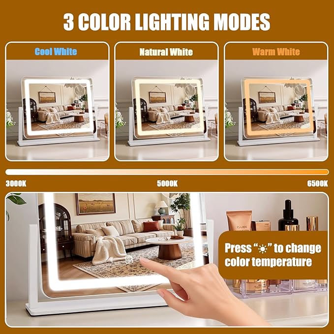 Rechargeable Vanity Mirror with Lights, 3000mAH Battery, 16"×12.4" LED Makeup Mirror, 10X Magnification, Smart Touch with 3-Color Lighting, 360° Rotation, Lighted Up for Makeup Desk, Bedroom (White)