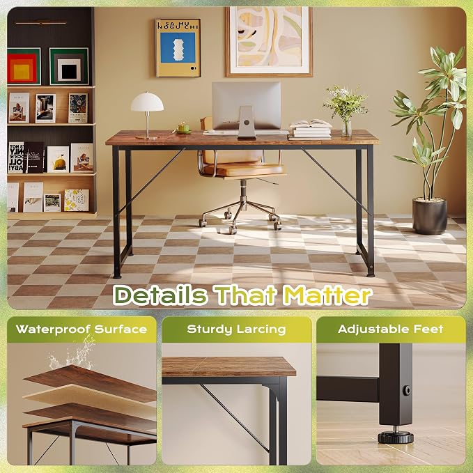 PRAISUN 55 Inch Computer Desk, Home Office Desk with Spacious Desktop, Rustic Brown