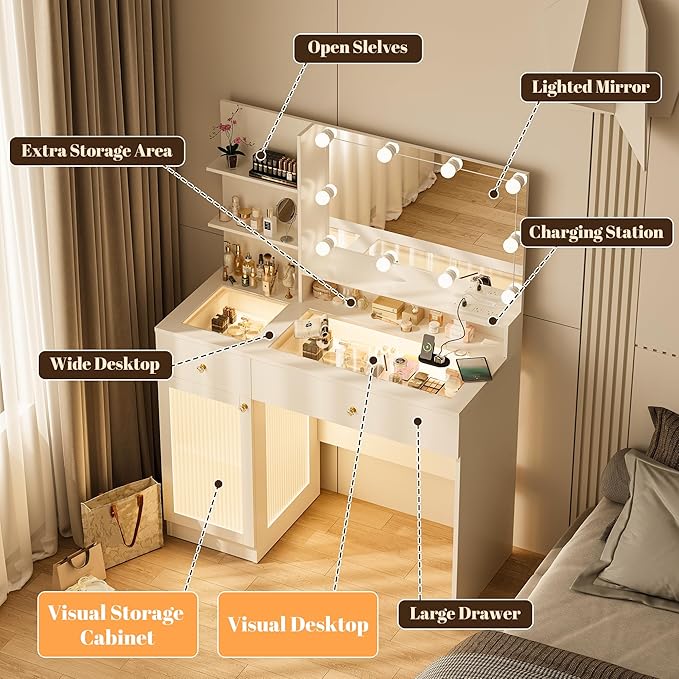 40" Vanity Desk with Large Mirror and Lights, Modern Glass Top Makeup Vanity Set with Power Outlet, Drawers and Cabinet, 3 Lighting Color Adjustable Dressing Table for Bedroom,White
