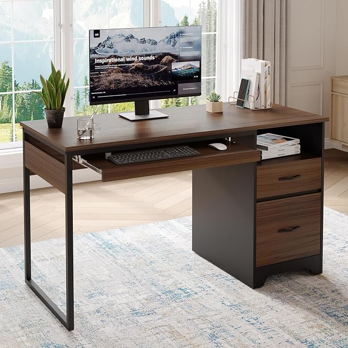 Bestier 48” Computer Desk with Drawers, Office Desk with Storage, Industrial Wood Writing Desk with File Drawer, Keyboard Tray & 2 Hooks for Home Office & Studio, Cherry