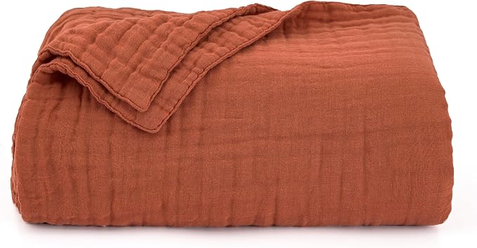 Love's cabin 100% Cotton Muslin Blanket, 6 Layer Lightweight Breathable Gauze King Size Blanket 108 x 90 Inches, Soft Summer Blanket for Bed, Orange