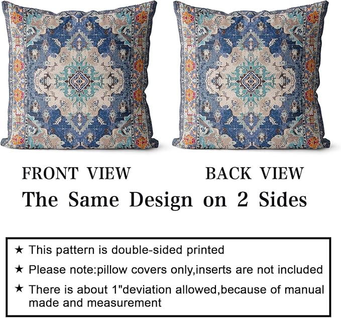 Snycler Boho Throw Pillow Covers 26x26 inch Set of 2 Boho Rug Carpet Double Sided Pattern Cotton Soft Pillow Case Cushion Cover Pillowcase for Couch Sofa Bed Decorative (Blue)