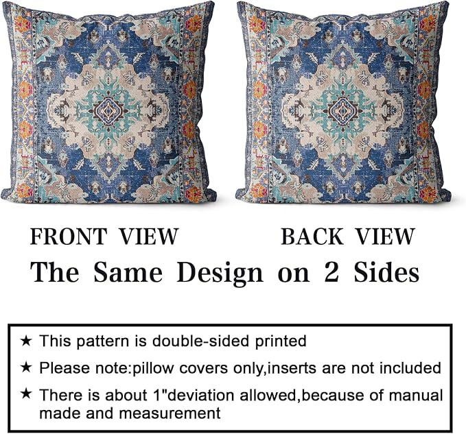 Snycler Boho Throw Pillow Covers 16x16 inch Set of 2 Boho Rug Carpet Double Sided Pattern Cotton Soft Pillow Case Cushion Cover Pillowcase for Couch Sofa Bed Decorative (Blue)