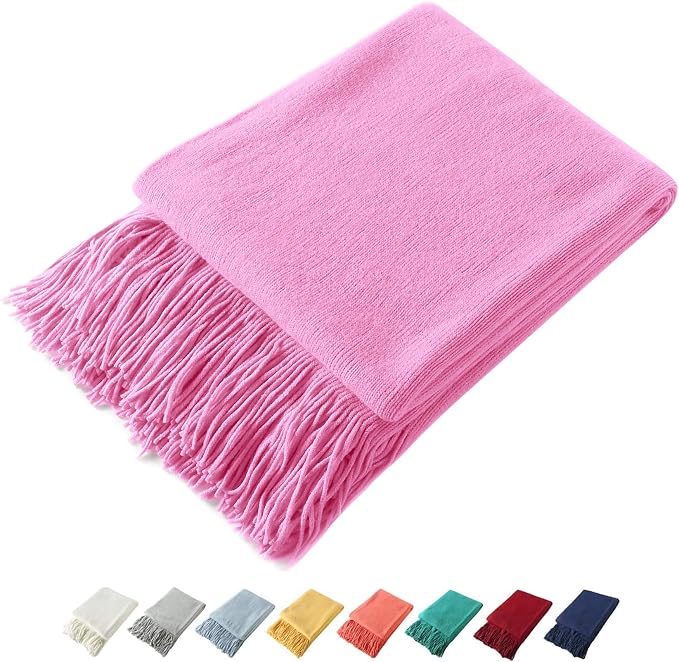 Homiest Hot Pink Knitted Throw Blanket with Fringe, 50x60 Inch | Pure Acrylic, Lightweight & Breathable, All-Season Use, Machine Washable, Wrinkle & Fade Resistant, for Couch Sofa And Bed