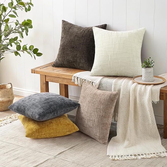 decorUhome Textured Chenille Throw Pillow Covers 22x22 Set of 2 Cream White | Fall Modern Farmhouse Soft Cozy Slubby Couch Pillow Cases Boho Decorative Pillow Cases for Bed Sofa Living Room Home Decor