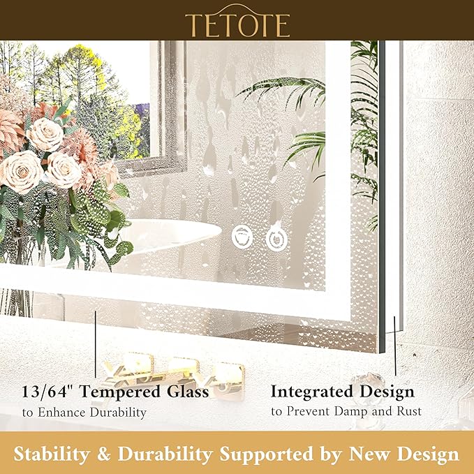TETOTE 55 x 36 LED Light up Bathroom Mirror, Brighter Lighted Bathroom Vanity Mirror with Led Lights, Front and Backlit 3-Color Dimmable Anti Fog Illuminated Mirror, Waterproof, Shatterproof