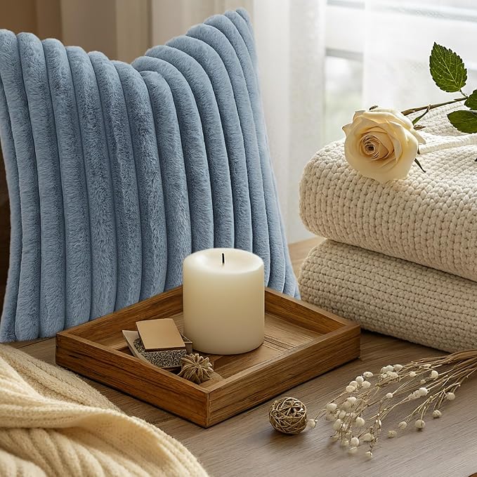 decorUhome Fall Faux Fur Throw Pillow Covers 16x16 Set of 2 Grey Blue | Decorative Soft Cozy Striped Plush Modern Farmhouse Boho Couch Pillow Cases Velvet Back for Sofa Bed Living Room Home Decor