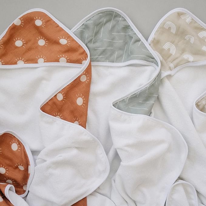 Mebie Baby Muslin Hooded Towel, Sunshine, Cute Hooded Baby Bath Towel for Newborn, Infant & Toddler, Modern Baby Towels and Washcloths for Boy & Girl, Floral & Pattern Hooded Baby Towels