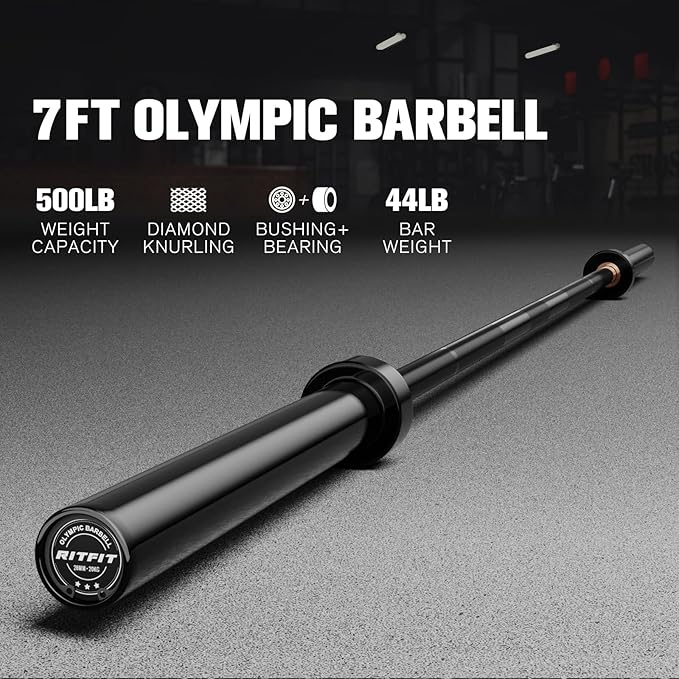 RITFIT 7FT Olympic Barbell for Strength and Weightlifting Training - 2 Inch Olympic Bar for Squat, Deadlift, Bench Press, Curl, Overhead Press - 500lbs/1000lbs/1500lbs Capacity