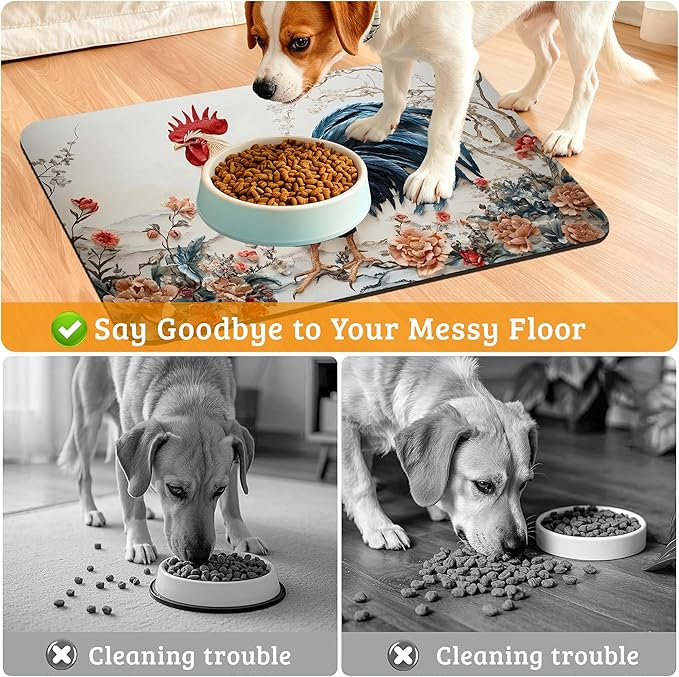 Dog Bowl Mat,Chicken Painting Pet Feeding Mat for Floors Waterproof,Flowers Absorbent Dogs Placemat for Food and Water Quick Dry Pet Cat Feeding Mats with Non Slip Bottom 12" x 20"