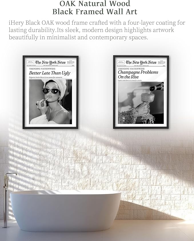 iHery 18x24in Audrey Hepburn Better Late Than Ugly Framed Bathroom Art | Premium Black Natural OAK Wood Frame with Canvas Print, Vintage Fashion Wall Decor for Bedroom, Apartment Girl Dorm, 1Pack