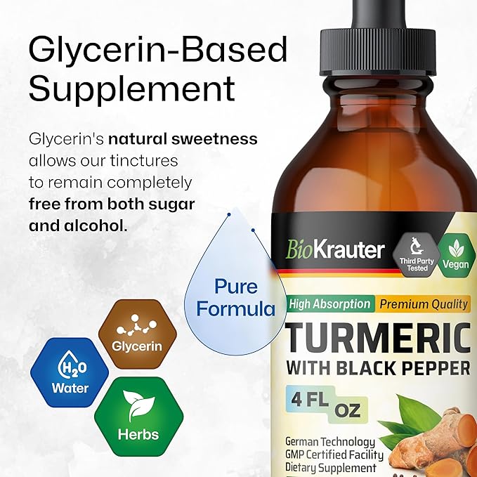 BIO KRAUTER Turmeric Supplement Tincture - 1200 mg Turmeric Curcumin with Black Pepper Extract - Alcohol and Sugar Free - Vegan Drops 4 Fl.Oz.