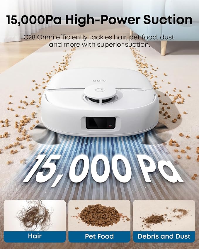 eufy C28 Robot Vacuum and Mop Combo, 15,000 Pa, HydroJet Roller Mop | Upgraded from X10 Pro, Zero-Tangle for Pet Hair, Auto Mop Washing&Drying, Self-Emptying&Refilling 2026 New, White