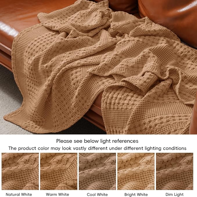 PHF 100% Cotton Waffle Weave Blanket Queen Size, Lightweight Breathable Summer Blanket for Hot Sleepers, Pre-Washed Soft Layer for Bed, Couch, Aesthetic Home Decor & Gift, 90"x90", Clay