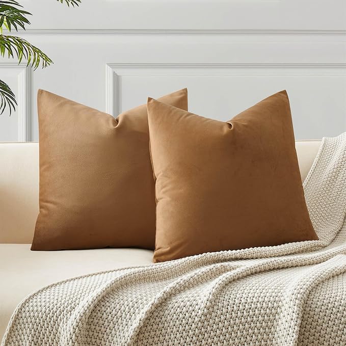 20x20 Decorative Velvet Throw Pillow Covers Set of 2 for Couch,Light Brown | Soft Cushion Cases with Invisible Zipper for Modern Sofa Bed Living Room Bedroom Home Decor