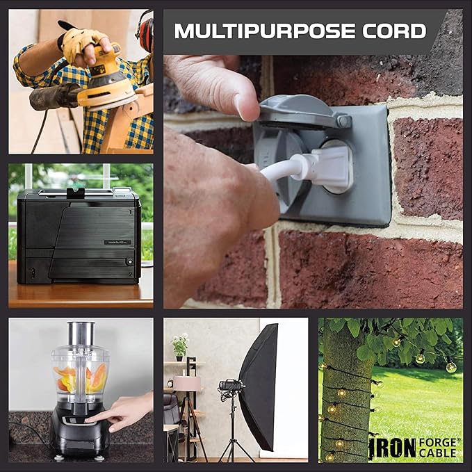 Iron Forge Cable Weatherproof 50 Ft Outdoor Extension Cord - 16/3 SJTW Heavy Duty White Extension Cord 3 Prong - 13 Amp Exterior Power Cable
