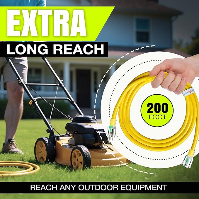 200ft Outdoor/Indoor Extension Cord 12/3 Gauge Extra Heavy Duty 3 Prong SJTW, Waterproof, Flexible Cold-Resistant Long Power Cord,8A 125V 1000W, Yellow by LifeSupplyUSA
