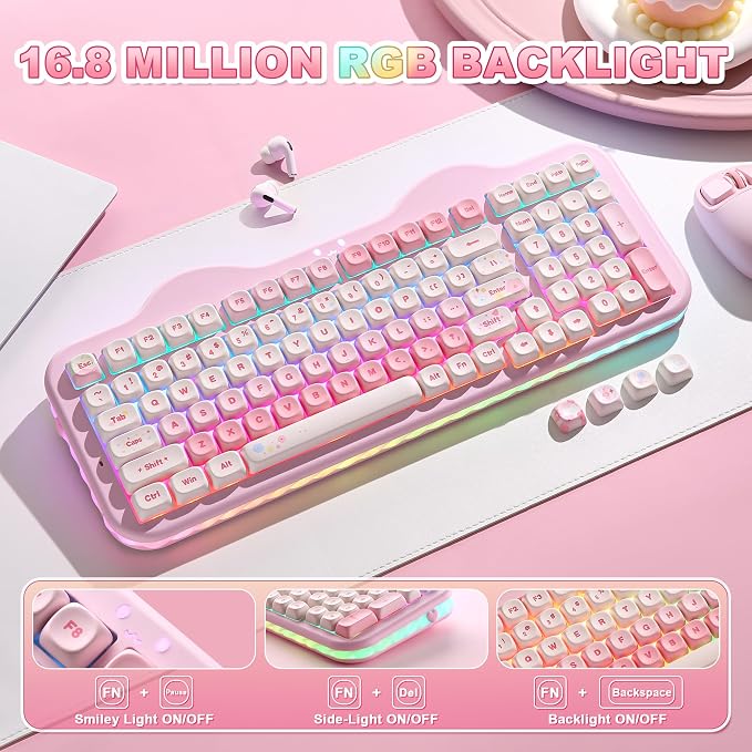 YUNZII C98 Cute Cake Wireless Mechanical Keyboard(Pink, Candy Switch) | 99 Keys with Number Pad, Hot Swap, PBT MOA Keycaps, BT5.0/2.4G/USB-C, Gasket Mount, Custom RGB Backlit for Win/Mac
