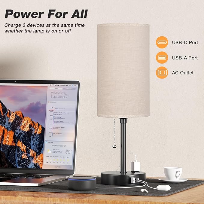 Dicoool 17Inch Tall Bedroom Lamps with USB C and A Ports 3 Color Temperatures - Pull Chain Beige Nightstand Bedside Table Lamp with AC Outlet, Side Lamp for Living Room End Table