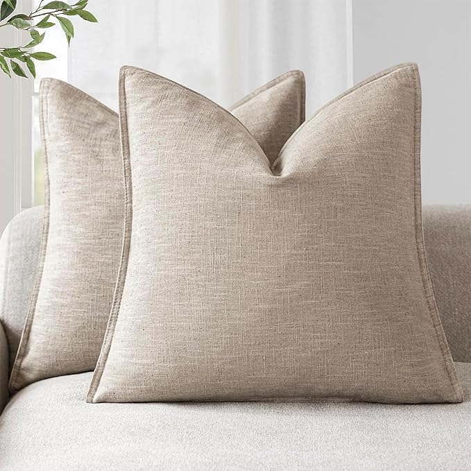 Foindtower Set of 2, Decorative Linen Solid Throw Pillow Covers Soft Accent Cushion Euro Case Boho Farmhouse Pillowcase for Chair Couch Sofa Bedroom Living Room Home Decor 24 x 24 Inch Natural Linen