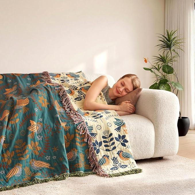 LUTBM King Throw Blanket for Bed, 100% Cotton Boho Soft Summer Blankets | 90"x108" Reversible Floral Bird Quilt, All-Season Bedspread, For Chair Sofa Couch Bedroom Decor, Breathable 4-Layer Gauze