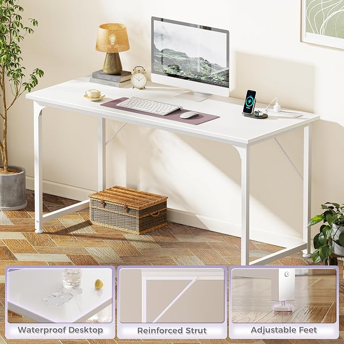 PRAISUN 55 X 20 Inch Computer Desk, Power Outlets, USB-C, White | Office Desk with 4 AC Outlets, USB & USB-C, Sturdy Metal Frame, Spacious Desktop for Work, Writing, Study & Gaming