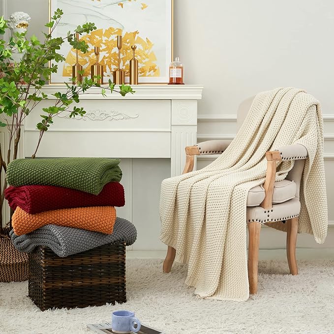 Chunky Cable Knit Throw Blanket Lightweight Wine red 100% Organic Cotton Blanket for Sofa Couch Bed Baby Nursery, Rustic Shabby Chic Modern Farmhouse, 60” x 80” Give Laundering Bag