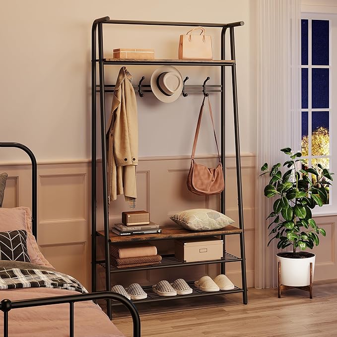 4-In-1 Hall Tree Entryway Organizer with 5 Hooks and Shoe Storage Bench, Sturdy Metal Frame, Wood Look Accent for Coat, Hat, and Bag Organization in Entryway, Living Room, or Bedroom