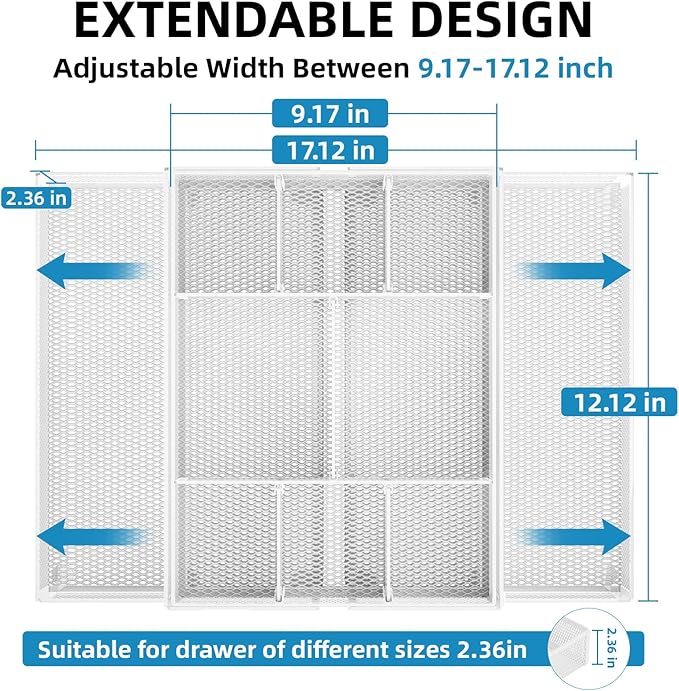 Marbrasse Expandable Desk Drawer Organizer, Mesh Drawer Organizer Tray with 10 Adjustable Compartments, Desk Organizers and Accessories, 5 Dividers Drawer for Office Supplies, Makeup & Vanity (White)