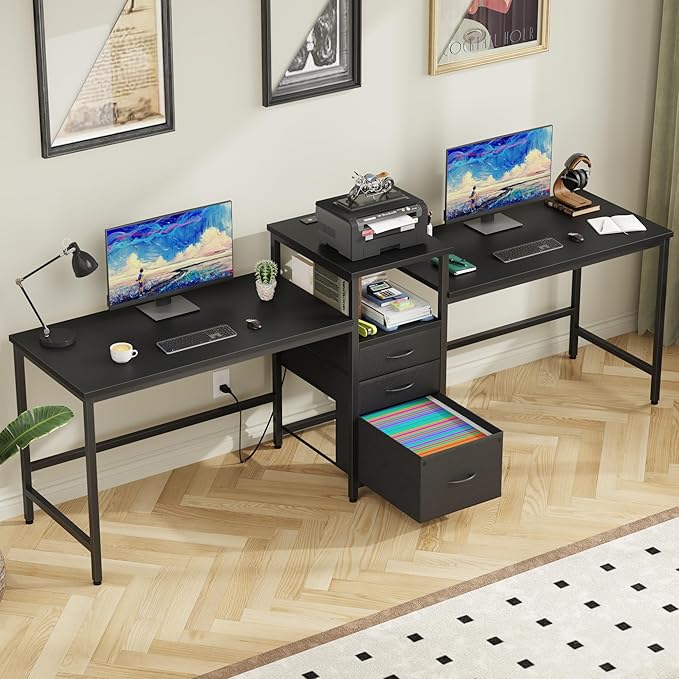 GYIIYUO 93'' Two Person Desk with Charging Station, Long Desk with 3 Drawer | Double Computer Desk with Printer Shelf, 2 Person Writing Study Table Workstation for Home Office, Black