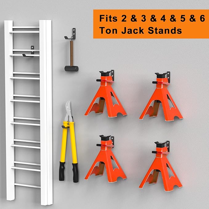 Jack Stand Wall Mount Organizer, Car Jack Stands Wall Hooks for Hanging, Universal Upgrade Designed Garage Hook, Heavy Duty Hooks Fits 2 & 3 & 4 & 5 & 6 Ton Heavy Duty Jack Stands (4 Pack)