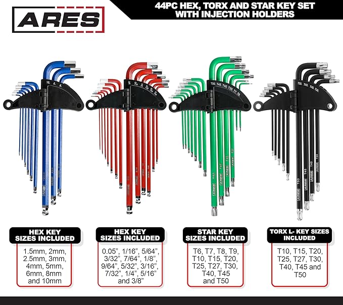 ARES 44036 – 44-Piece Hex Key Set – Combo Key Wrench Set Includes SAE, Metric, Torx, and Torx Ball End Wrenches – High Visibility Anti-Slip Coating – Storage Cases Included