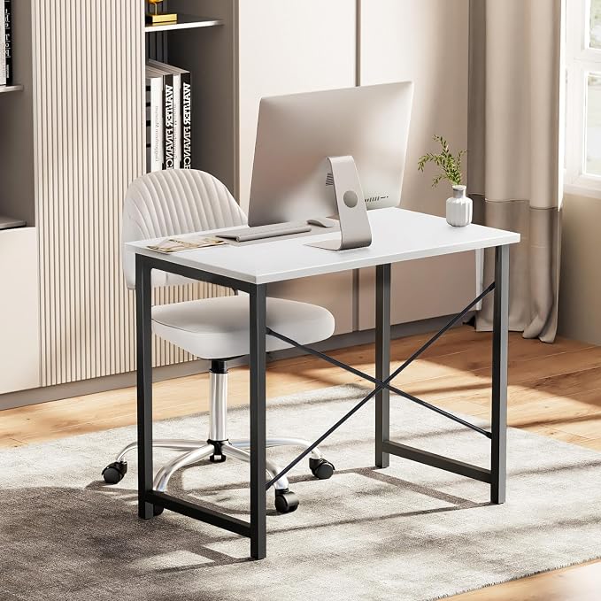 OLIXIS 47 Inch Computer Office Desk for Small Spaces, Writing Gaming Work Desk Modern Study Table with Metal Frame Home Bedroom, White | Computer Writing Workstation, Strong Metal Frame, Small Spaces, Home Bedroom Dorm, White