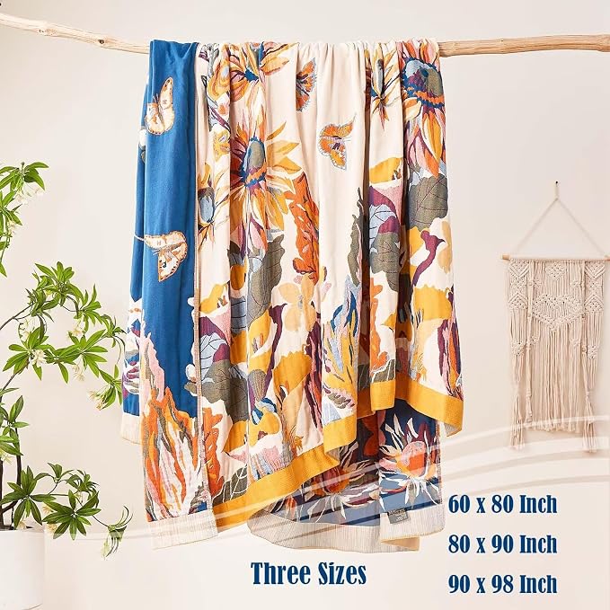 XIBLC Boho Throw Blanket, 100% Cotton Ultra Soft Luxury Throw Rustic Quilt, 90"x98" Floral Bird Butterfly Farmhouse Decor Bed Blankets, All Season Rustic Reversible Bohemian Throw for Bed - Yellow
